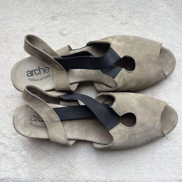 Arche Tan Nubuck Black Elastic Criss Cross Strap Heeled Sandal Women EU 40 US 9 - Picture 7 of 16